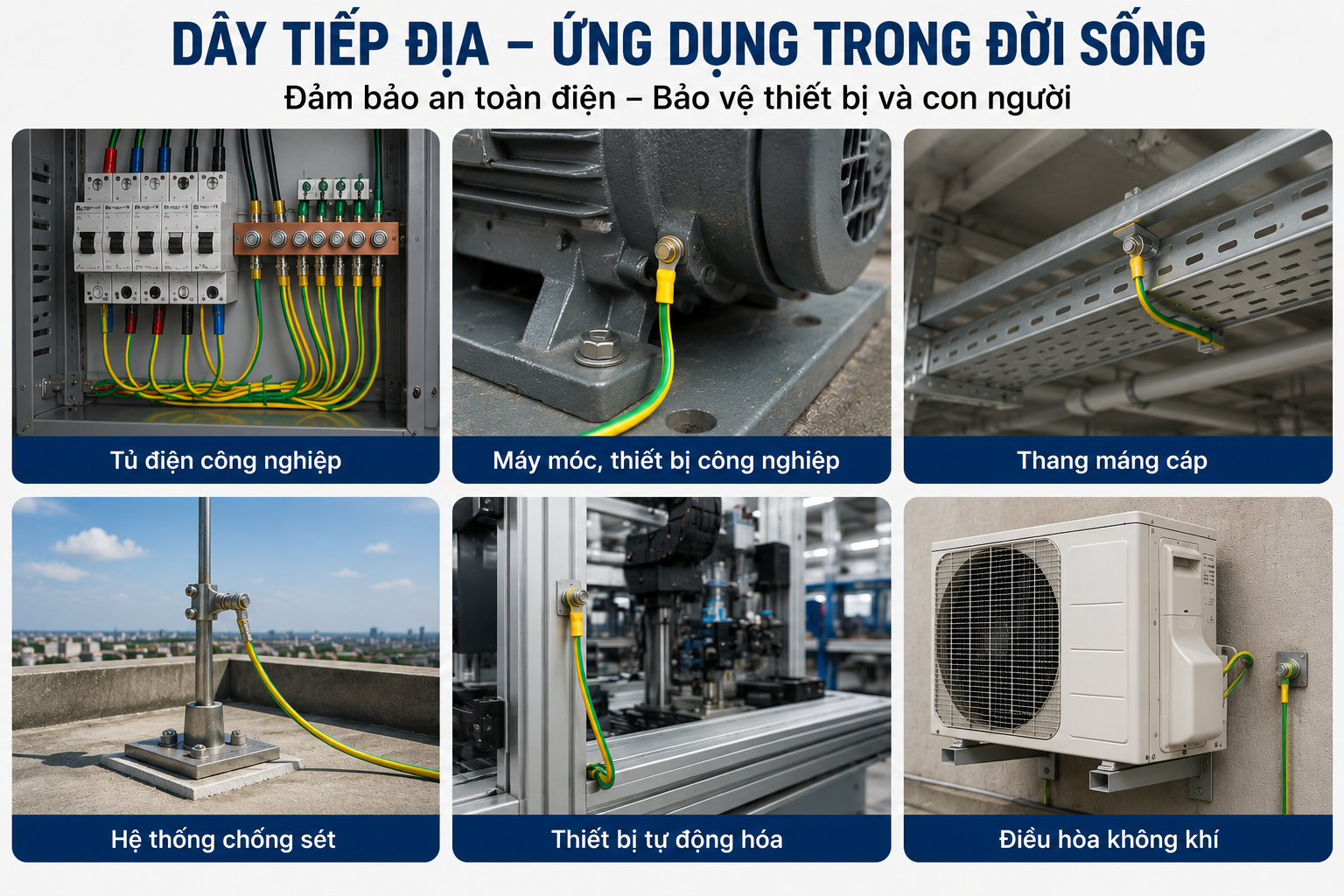 Dây tiếp địa ứng dụng trong tủ điện máy móc công nghiệp thang máng cáp và hệ thống chống sét